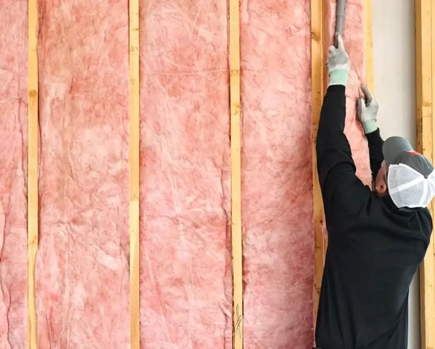 Attic insulation installation with blown-in fiberglass for energy efficiency